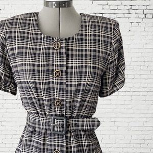 ❌SOLD❌1980s Plaid Belted Dress pleated dress